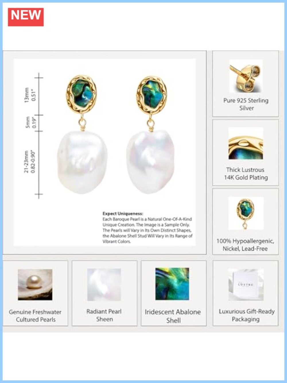 14k Gold Plated 925 Sterling Silver Baroque Pearl Drop Earrings - Picture 5 of 6